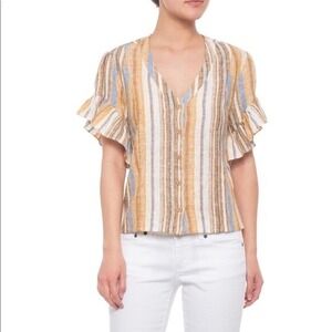 Drew Anthropologie Beverly Flutter Sleeve Top Blouse Lemon Striped Linen Blend S